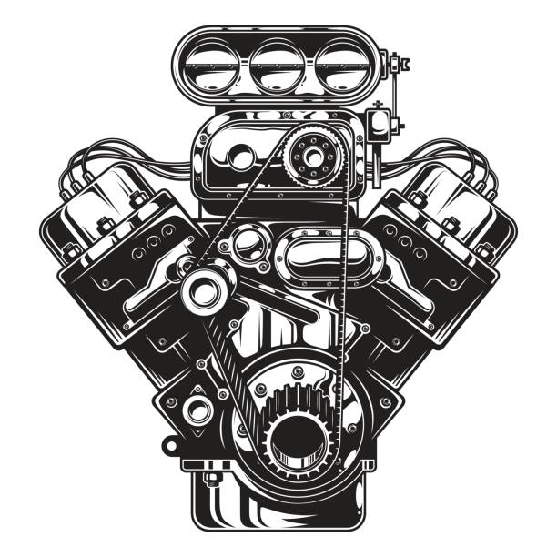 Isolated monochrome illustration of car engine on white background